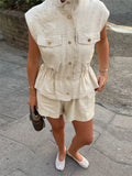 Pbong  Linen Blend Stand Collar Sleeveless Pocket Vest Cinched Waist Sleeveless Summer Women Outerwear Minimal Chic Lady Chaleco
