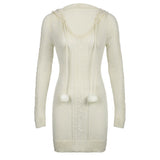 Hooded Knitted Sweater Hairball Mini Dress