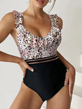 Leopard Ruffle  One Piece Swimsuit Women High Waist Mesh Tape Swimwear Female Beachwear V-neck Bathing Swimming Suit Summer