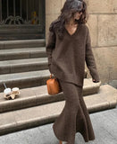 Lazy Style Sweater Set Skirt for Women's Autumn and Winter V-neck Pullover Knitted Sweater Top Half Skirt Fashion Two-piece Set