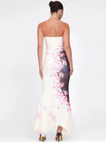 Backless Dress Women Flower Print Contrast Strapless Sleeveless Irregular Bottom Pleated Midnight Club Party Vestidos