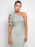 Shoulder Floral Mesh Ruched Sexy Maxi Dress For Women Gown Oblique Shoulder Sleeveless Backless Bodycon Long Dress