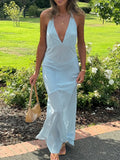 Mesh Splice Halter Long Dress For Women Sleeveless Backless Deep V neck Bodycon Dress Lady Vacation Dress Fashion Elegant