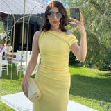 Wrinkle Slim Fit Slit Asymmetric Long Dress Fashion Slanted Shoulder Party Dress New Elegant Chic Yellow Tight Vestidos