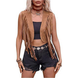 Pbong  Women Summer Y2K Vintage Boho Cowgirl Vest Tops Sleeveless Open Stitch Tassel Cardigan Beachwear Waistcoat Streetwear