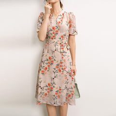 Women's Dress Summer New French V-neck Lace-up Temperament Printed Party Dress Female Casual Floral Half Sleeve A-line Dress