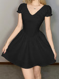Black V-Neck Short Sleeve A-Line Dress