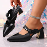 Pbong  Black Pointed Toe High Heel Mules, Wide Bow Knot Backless Sandals, Gold Accent Block Heel Dressy Shoes for Women