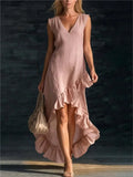 Pbong  Elegant Cotton Sleeveless Long Dresses For Women Summer Solid Color V-neck  Party Maxi Dress Casual