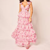 Pbong  Women Summer Floral Print Ruched Bust Sleeveless V-Neck Ruffle Layered Lace-up Backless Flowy A-Line Long Cake Dress