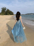 Women's Summer Mesh Tulle Beach Maxi Dress Sleeveless Spaghetti Strap Backless Long Dress Elegant Evening Party Slip Dresses New
