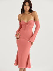 Women Chiffon Zipper Sexy Y2K Clothes Lace Up Halter Backless Long Sleeve Bodycon Midi Dress Outfits Party Club