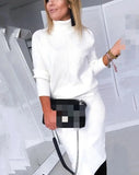 Autumn Women's Knitting Costume Turtleneck Solid Color Pullover Sweater + Slim Skirt Two-Piece Set