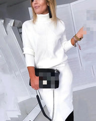 Autumn Women's Knitting Costume Turtleneck Solid Color Pullover Sweater + Slim Skirt Two-Piece Set