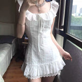 2000s Harajuku Vintage Lolita Dress Y2k Japan Style Kawaii Sweet Solid Flying Sleeve Short Party Dress One Piece Dress Korean