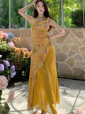 Women Holiday Beach Print Floral Ruffled Long Dress V Neck Sleeveless Spaghetti Strap Fairy Dress Elegant Evening Party Vestidos