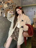 Zoki Retro Sweet Faux Lamb Coat Women Loose Preppy Style Sweet Long Sleeve Warm Jacket Korean Vintage Casual Pockets Winter Tops