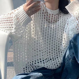 Women Mesh Top Oversized Long Sleeve T-shirts Crew Neck Loose Casual Knit Tees See-Through Openwork Knit Top Women Spring Summer