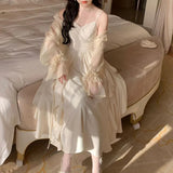 Pbong  French Sweet Fashion Cardigan Spring Summer Set Women Solid Asymmetrical Patchwork Long Sleeved Waist Clamping Sling Dresses
