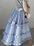 Pbong  Korean Ruffles Plaid Long Skirts Women High Waist Loose Elegant Skirt Vintage Preppy Style Casual Female Sweet Dance Skirt