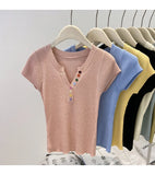 Summer V-Neck Short Sleeve Thin Tshirts Women Pastel Colored Button Knitted T-Shirts Teen-girl Stretch Fitted Tees Y2K Clothing
