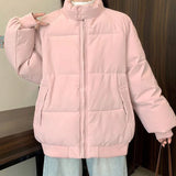 Preppy Style Sweet Pink Parkas Women Vintage Long Sleeve Winter Thick Warm Cotton Jacket Casual Stand Collar Loose Outwear