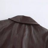 Pbong  New Autumn Fashion PU Leather Jacket Women's Lapel Single-Breasted Stitching Brown Coat Cool Style Commuter Clothing