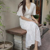 Flower Embroidery V-neck Straight Long Dress White Hollow Out Vacation Short Sleeve Dress Casual Female Clothing 2025 New