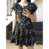 Pbong  Women's Elegant Floral Print Mini Dress Ruffle Short Sleeve V Neck A-line Party Dress