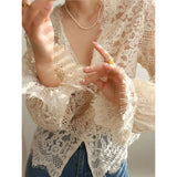 Pbong  Sweet Blouses For Women V-neck Flare Sleeve Summer Shirts Blusas Mujer De Moda Temperament Lace See Through Blouse Tops