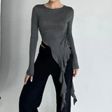 Euramerican High Street O Neck Long Sleeve Shirts Fashion Lrregular Ruffle Moda Punk Tops Y2k Aesthetic Harajuku Girl Clothes