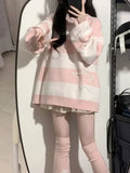 Harajuku Sweet O Neck Long Sleeve Sweaters Y2k Aesthetic Star Design High Street Girl Jumpers American Punk Striped Clothing