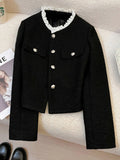 Black Slim Elegant Tweed Jacket Women Vintage Lace Patchwork Long Sleeve Sweet Coat Fall Winter French Casual Retro Tops