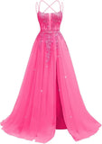 Pbong  Lace Applique Sparkly Tulle Prom Dresses for Women with Slit Spaghetti Straps Backless A Line Long Ball Gown
