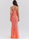 Floral Lace Sexy Maxi Dress For Women Orange Spaghetti Strap Sleeveless Backless Bodycon Club Party Long Dress Elegant