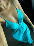 Round Ring Hollowed Out Sling Party Dress Women Blue V-neck Sleeveless Backless Maxi Robes 2024 Lady Simple Elegant Formal Dress