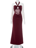 Hollow Out Halter Sexy Maxi Dress Women Gown Summer New See Through Mesh Sleeveless Backless Bodycon Club Long Dress