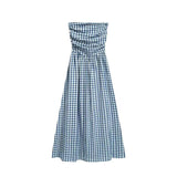 Vintage Plaid Dress Women Summer Korean Elegant Tube Top All-Match Midi Dress Y2K Folds Off Shoulder Holiday Beach Vestidos
