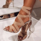 Pbong  Fashionable Snake Skin Pattern Roman High Heels Sandals with Back Zipper Thin Heel Summer New Arrival Large Size Shoes