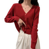 Women's Long Sleeve Cropped Cardigan V Neck Button Down Sweater Jacket Single Breasted Plain Fitted Knit Cardigan Basic Outfit