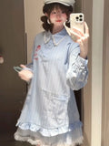 Lace Patchwork Striped Dress Women Sweet Floral Embroidery Mini Dress Fall Preppy Style Long Sleeve Cute Korean A Line Dress New