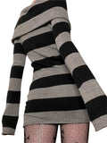 Pbong  Women Autumn Dress Striped Boat-Neck Long Sleeve Bodycon Short Dress Y2K Gothic Wrapped Hip Party Dresses