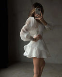 Pbong  New Women's Long Sve V-Ne A-Line Dr Casual Pure Color Waist-Cinching Design ort Skirt Polyester Fabric Wedding Dr