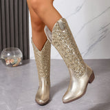 Pbong  Sequin Round-Toe Chunky Heel Slip-On Side-Ear Fashion Concert Party Banquet Elegant High-Top Women's Boots