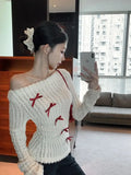 Sweet Bow Knitted Pullover Women Off Shoulder Sexy Long Sleeve Sweaters Korean Style Kawaii Autumn Winter Pullovers