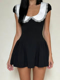 Pbong  contrast color Peter Pan Collar short sleeve slim waist A-LINE Sweet temperament Dresses