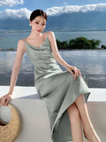 Women Satin Solid Color Swinging Collar Evening Dress Elegant Party Dresses New Summer Sexy Spaghetti Strap Backless Maxi Dress