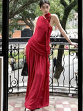 Womens Sexy Red Sleeveless Dresses Elegant Tie Flower Diagonal Collar Birthday Party Dress Summer Holiday Beach Pleated Vestidos