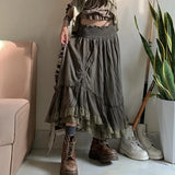 Sweetown Retro Green Vintage Grunge Long Skirts Womens Shirring Tie-Up Lace Trim Low Waist A Line Y2K Skirt Cute Holiday Outfits