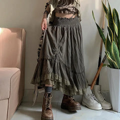 Sweetown Retro Green Vintage Grunge Long Skirts Womens Shirring Tie-Up Lace Trim Low Waist A Line Y2K Skirt Cute Holiday Outfits